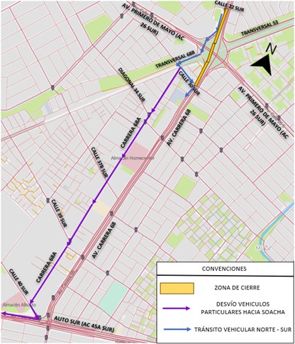 Conozca el cierre de la Av. Carrera 68 entre calles 22 Sur y 30 Sur, en sentido Norte - Sur