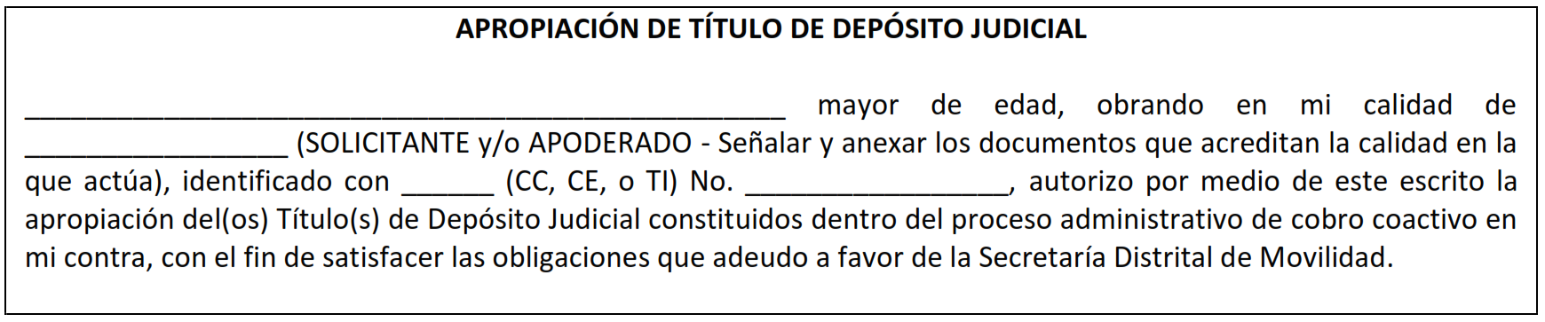 Solicitud Apropiación de Depósito Judicial que ha dispuesto la SDM