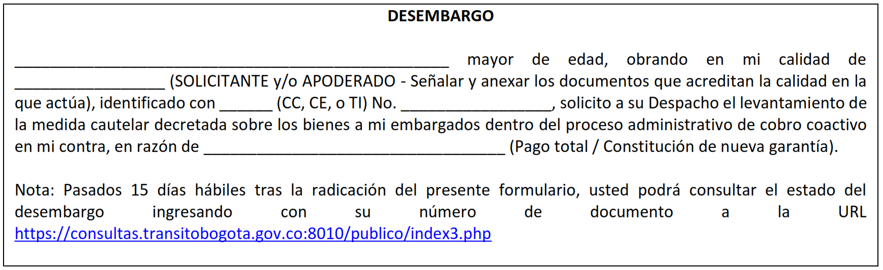 Solicitud Apropiación de Depósito Judicial que ha dispuesto la SDM