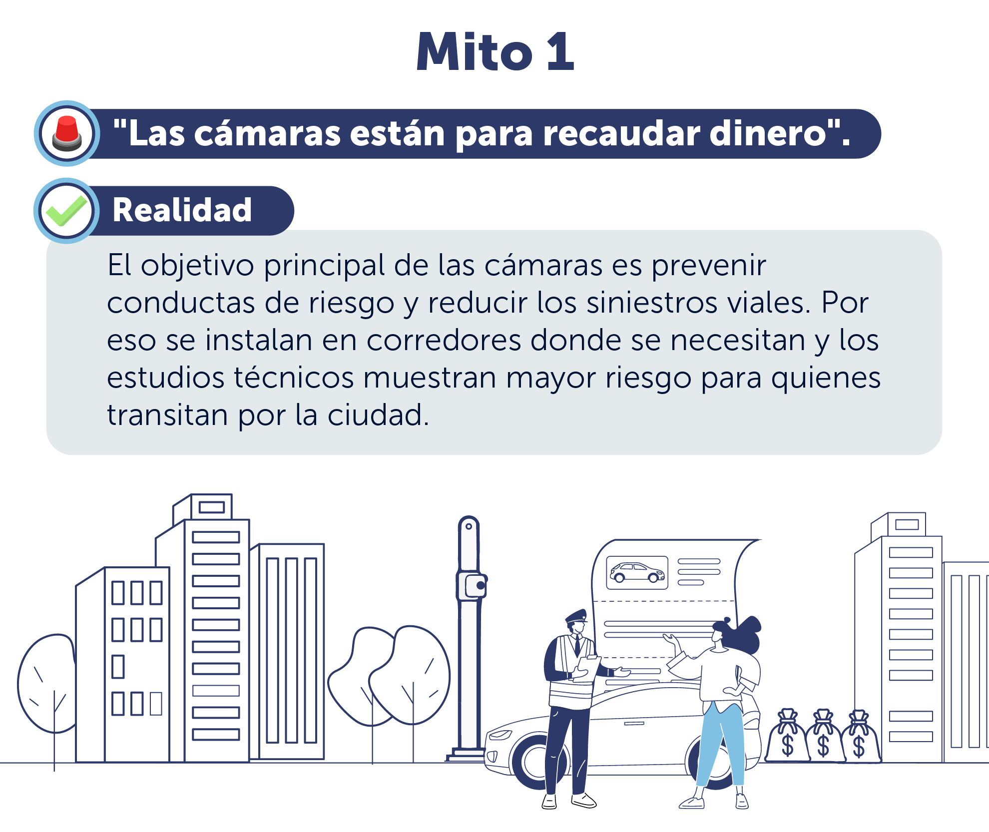 Mito 1: Las cámaras están para recaudar dinero. Realidad: el objetivo principal es prevenir conductas de riesgo y reducir siniestros viales.