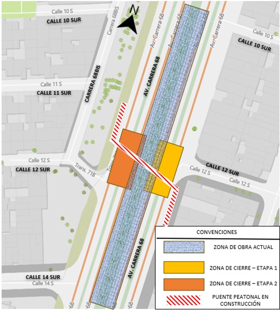 Conozca el cierre de la calzada en sentido Sur - Norte y Norte - Sur de la Av. carrera 68 por la calle 12 Sur