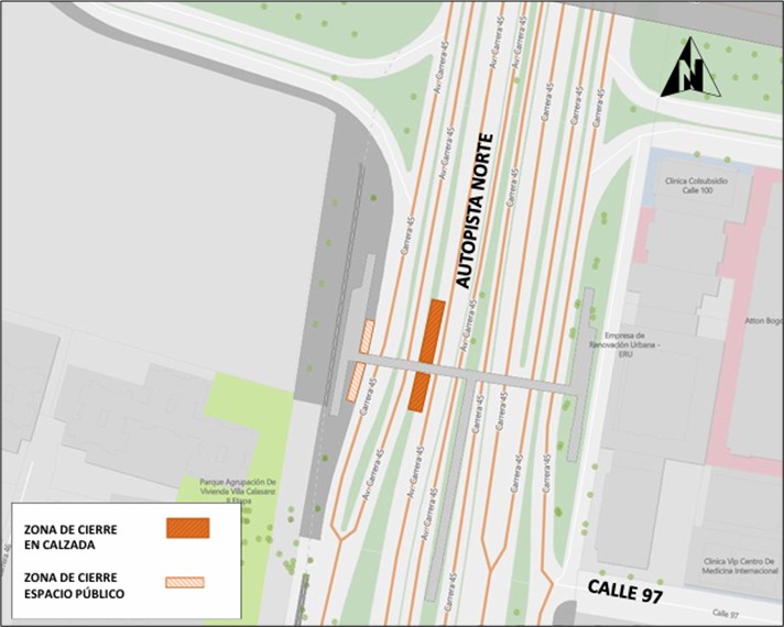 Conozca el cierre de un carril sentido norte-sur de la calzada rápida de la autopista Norte por calle 97