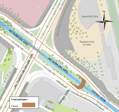 Conozca el cierre total de retorno Occidente - Oriente de la Av. Suba con calle 145 con carrera 103B