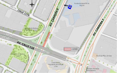 Conozca el cierre de un carril en la Av. Carrera 9 entre Av. Calle 116 y calle 117A, en sentido Sur - Norte