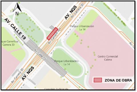  Conozca el cierre de un carril en sentido norte-sur de la Av. NQS 100m al norte de la Av. Calle 19