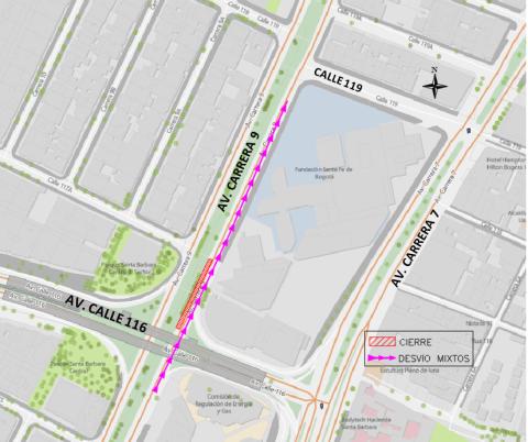 Conozca el cierre de un carril en la Av. Carrera 9 entre Av. Calle 116 y calle 117A, en sentido Sur - Norte