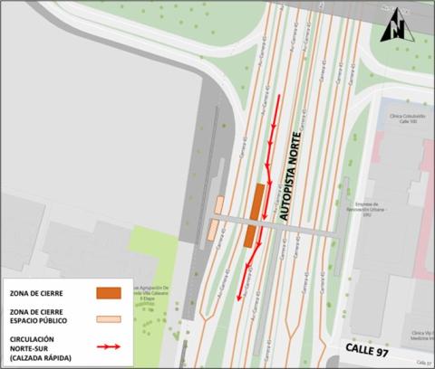 Conozca el cierre de un carril sentido norte-sur de la calzada rápida de la autopista Norte por calle 97