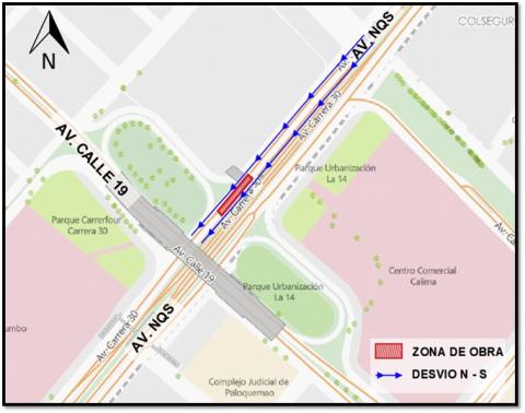  Conozca el cierre de un carril en sentido norte-sur de la Av. NQS 100m al norte de la Av. Calle 19