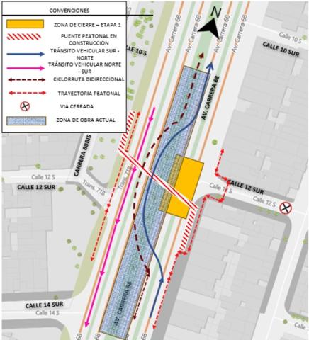 Conozca el cierre de la calzada en sentido Sur - Norte y Norte - Sur de la Av. carrera 68 por la calle 12 Sur