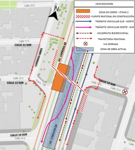Conozca el cierre de la calzada en sentido Sur - Norte y Norte - Sur de la Av. carrera 68 por la calle 12 Sur
