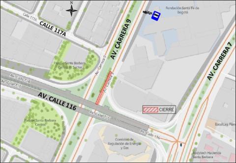 Conozca el cierre de un carril sentido sur-norte de la Av. Carrera 9 entre Av. Calle 116 y 117A