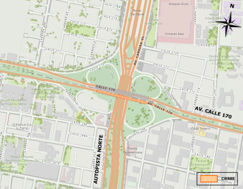  Conozca el cierre por carriles sobre el puente vehicular de la Av. Calle 170 por Autopista Norte, en sentido Occidente - Oriente