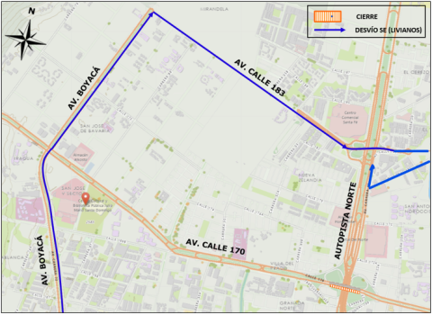 Conozca el cierre por carriles sobre el puente vehicular de la Av. Calle 170 por Autopista Norte, en sentido Occidente - Oriente