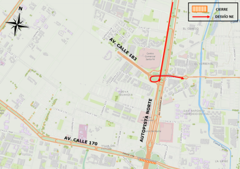  Conozca el cierre por carriles sobre el puente vehicular de la Av. Calle 170 por Autopista Norte, en sentido Occidente - Oriente