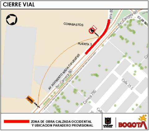 Conozca el cierre de un carril en sentido norte – sur de la Av. Agoberto Mejía entre la Av. Américas y la puerta 3 de Corabastos