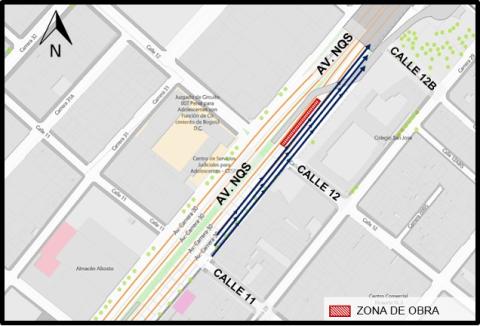Conozca el cierre de un carril en sentido Sur - Norte de la Av. NQS entre calle 12 y calle 12B