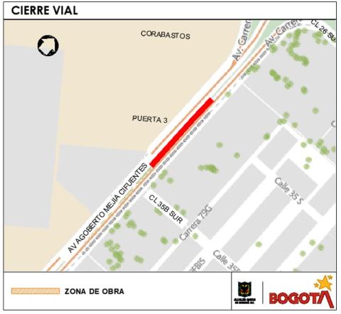 Conozca el cierre de dos carriles en sentido norte-sur de la Av. Agoberto Mejía Cifuentes entre calle 35B Sur y 210 metros al norte