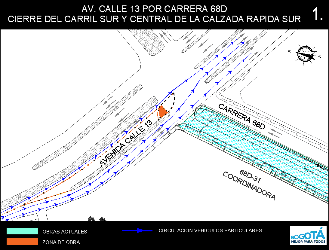 Mapa 2. Cierre del carril sur y carril central de la calzada rápida sur de la Av. Calle 13 por Carrera 68D