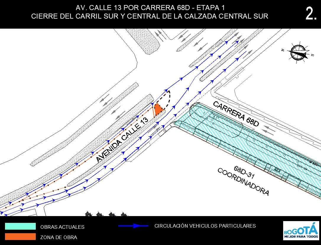 Mapa 2. Cierre del carril sur y carril central de la calzada central sur de la av. calle 13 por carrera 68D.png