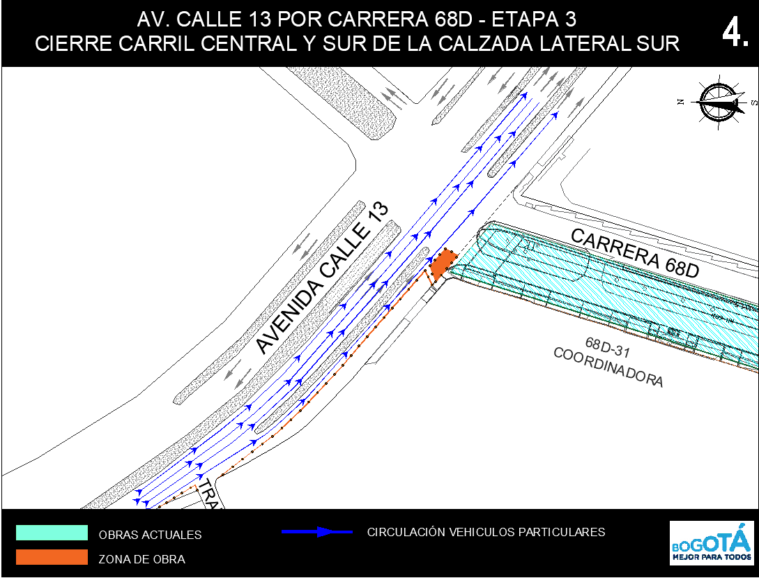 Mapa 4. Cierre del carril sur y carril central de la calzada lateral sur de la av. calle 13 por carrera 68D.png
